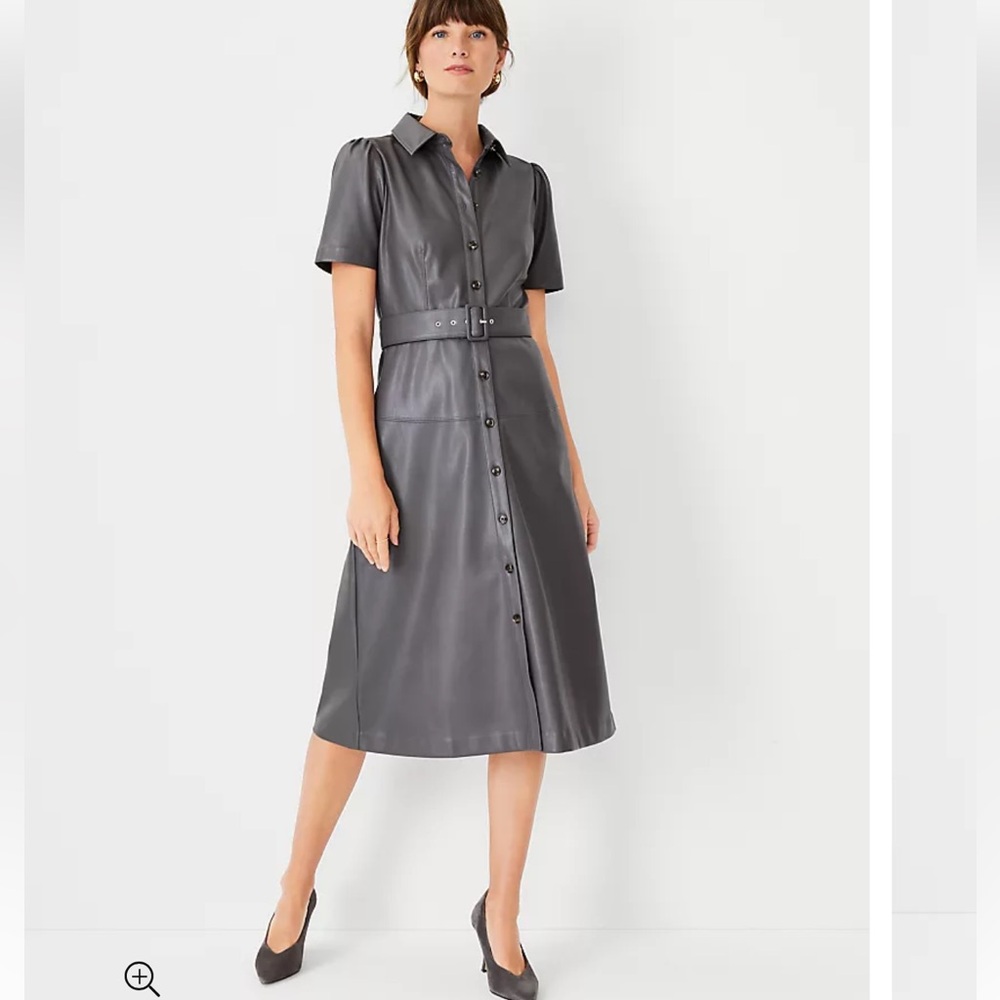 Ann Taylor Gray Faux-Leather Button-Front Midi Dress with Belt